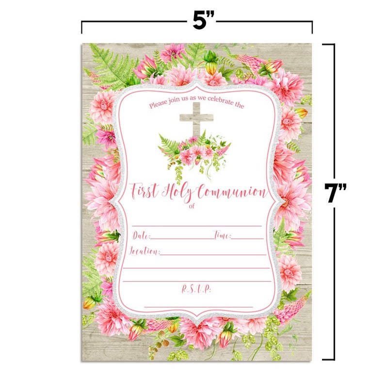 Amanda Creation Watercolor Pink Dahlia First Holy Communion Religious Party Invitations with Wood Background, 20 5x7 Fill In Cards with Twenty White Envelopes by AmandaCreation - Image 5